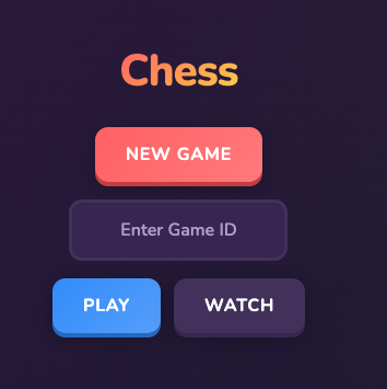 Schack: startsida med New Game och Play/Watch