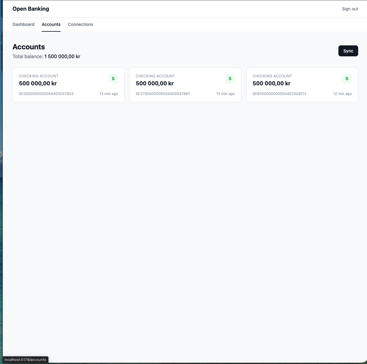 Open Banking – Kontovyn med saldon och synk-knapp