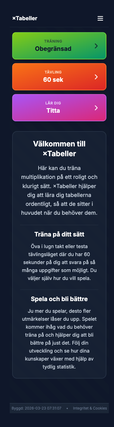 Multiplikationsspelet – startsida med Träning, Tävling, Lär dig