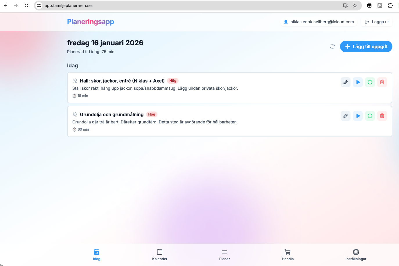 Familjeplaneraren - Idag-vyn med dagens uppgifter