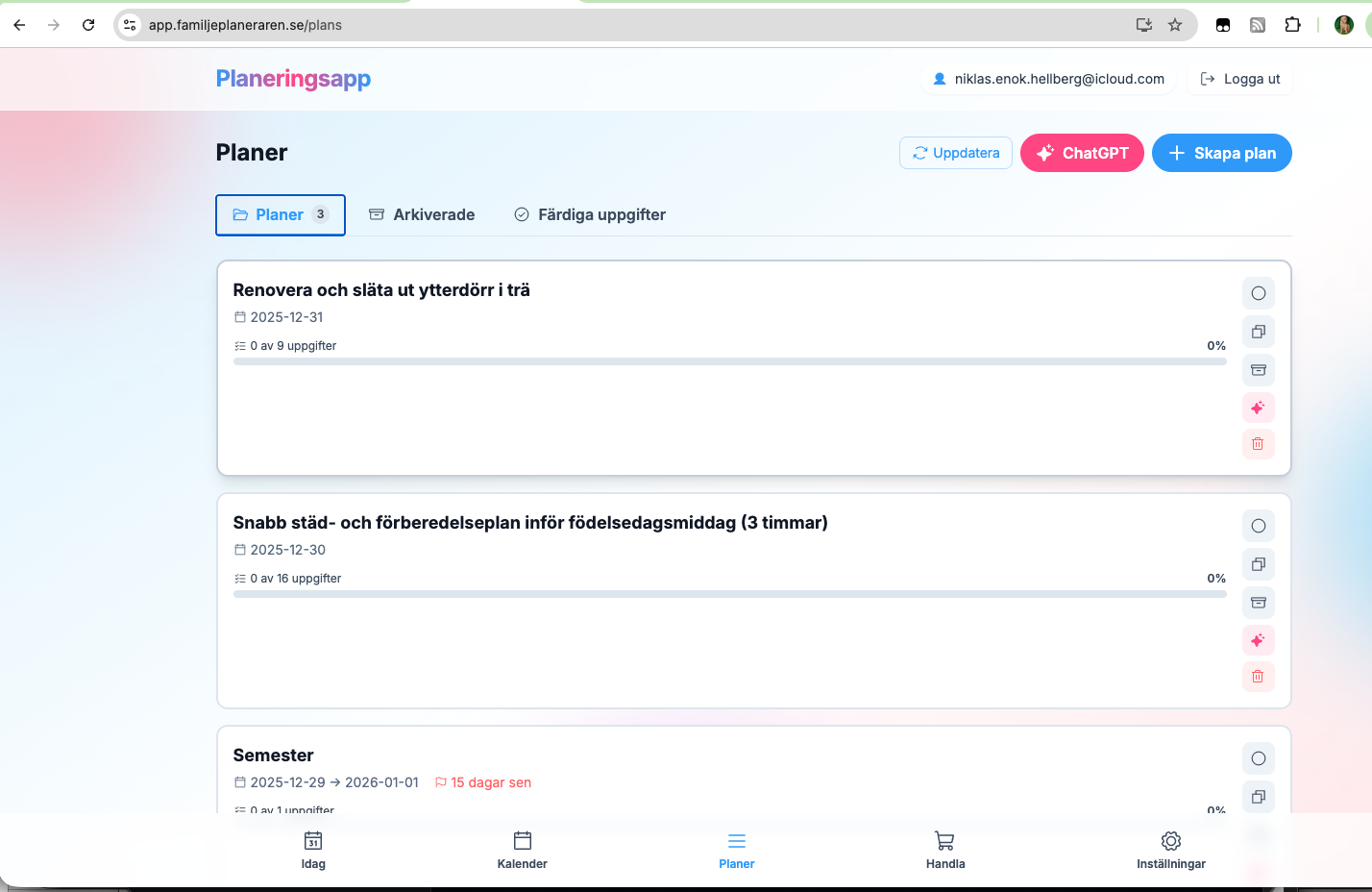 Familjeplaneraren - Planeringsvy med planer