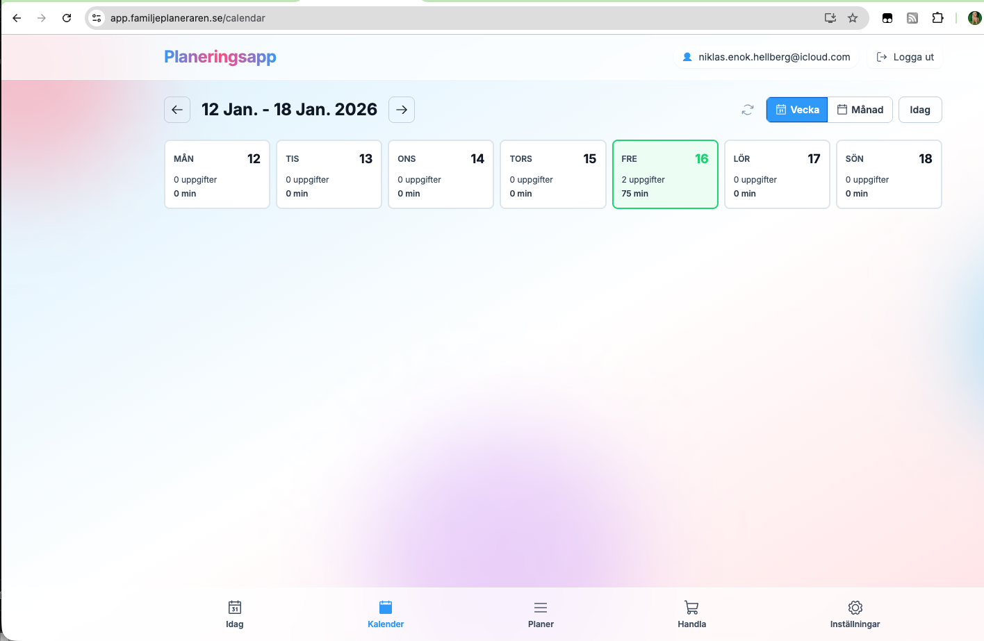 Familjeplaneraren - Vecka-vyn med 7-dagars kalender